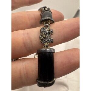 Vintage Sterling & Black Onyx Elephant Charm Marcasite Link Tennis Bracelet